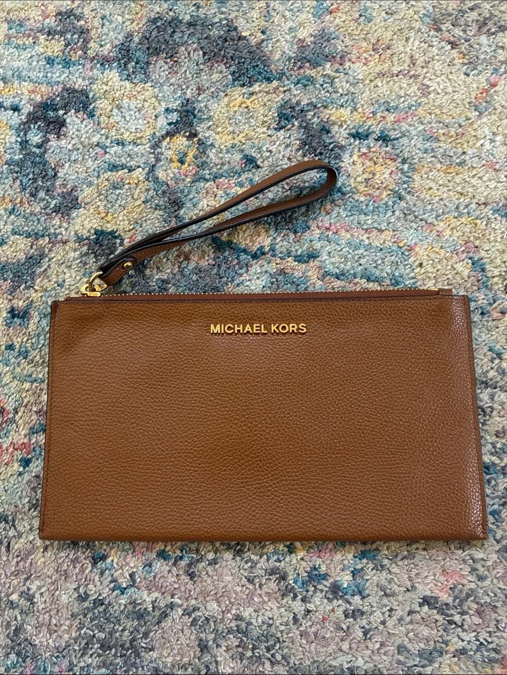 Michael Kors Brown Pebbled Leather Wristlet with Gold Logo
